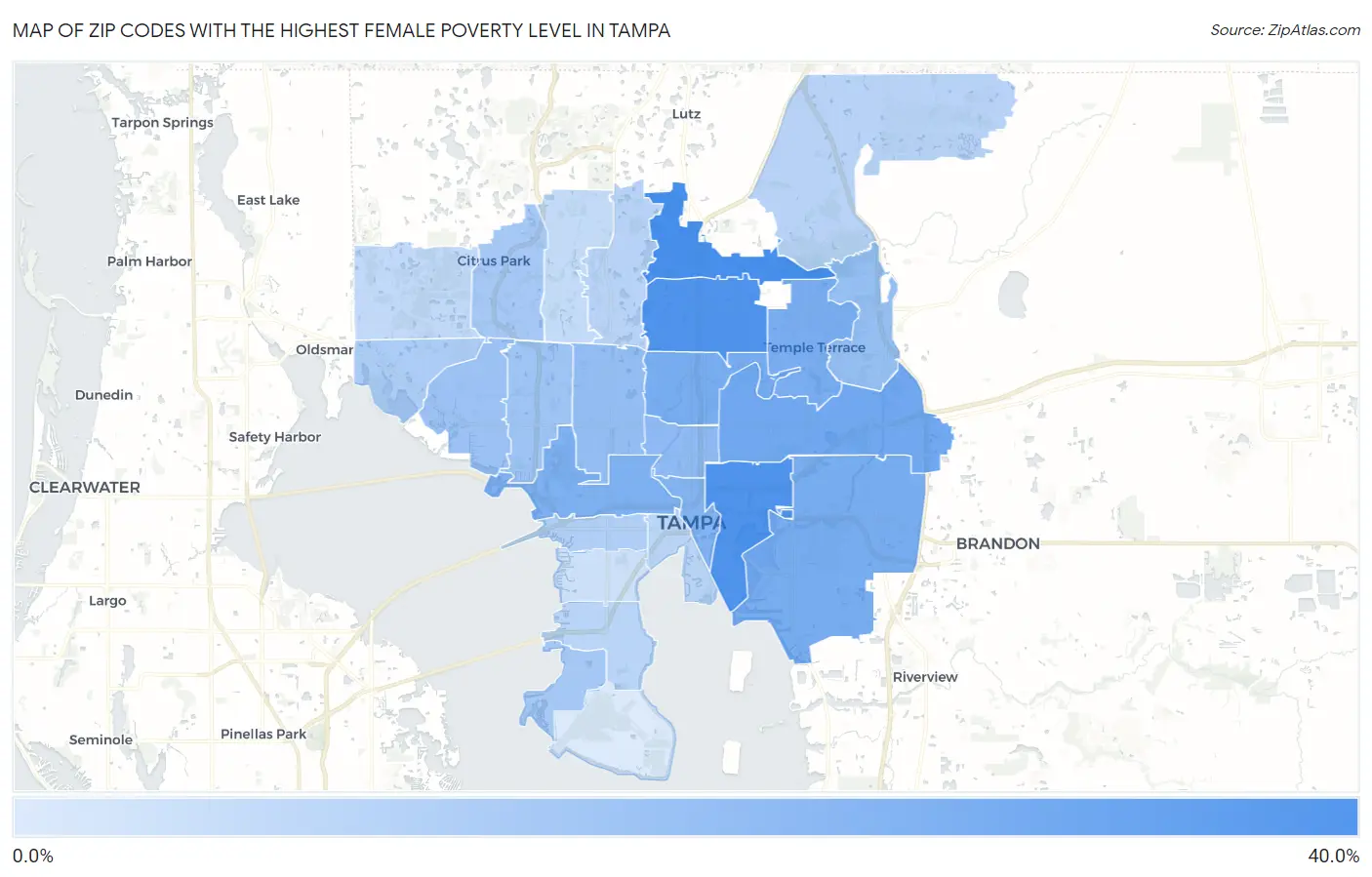 Zip Codes with the Highest Female Poverty Level in Tampa Map