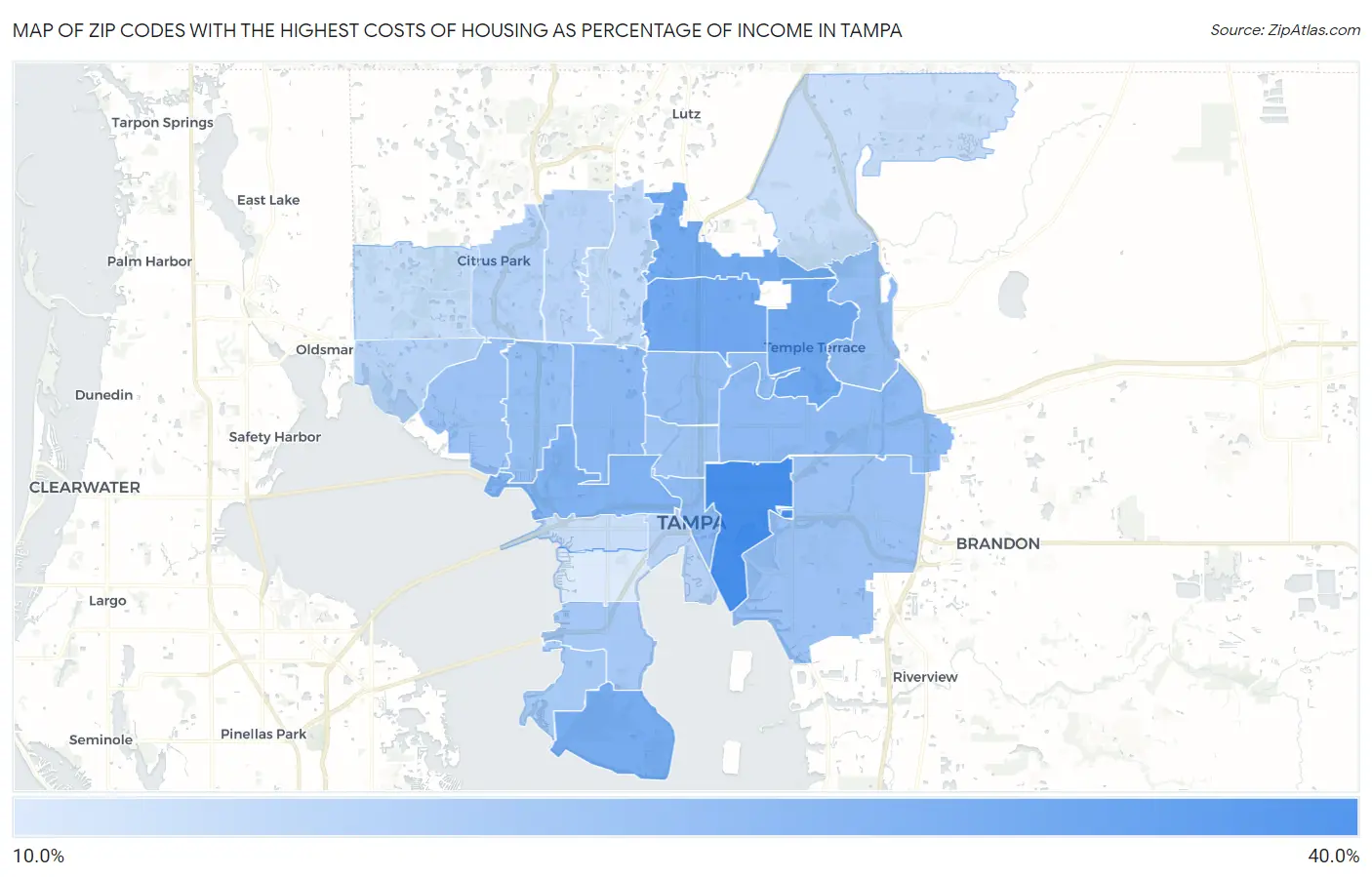 Zip Codes with the Highest Costs of Housing as Percentage of Income in Tampa Map