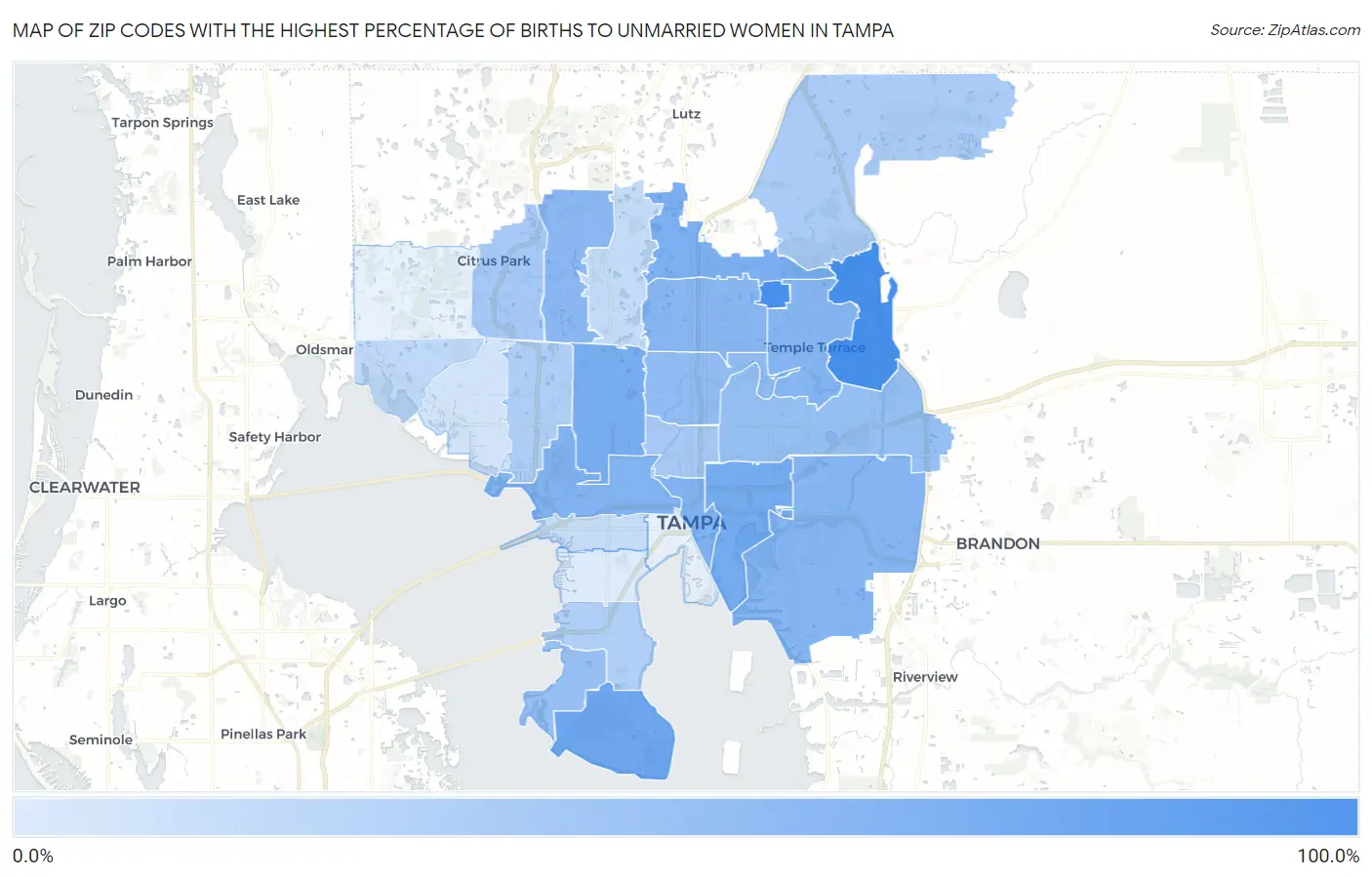 Zip Codes with the Highest Percentage of Births to Unmarried Women in Tampa Map