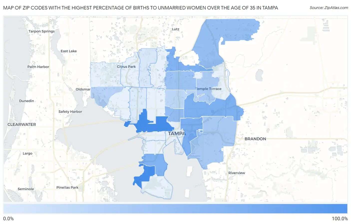 Zip Codes with the Highest Percentage of Births to Unmarried Women over the Age of 35 in Tampa Map