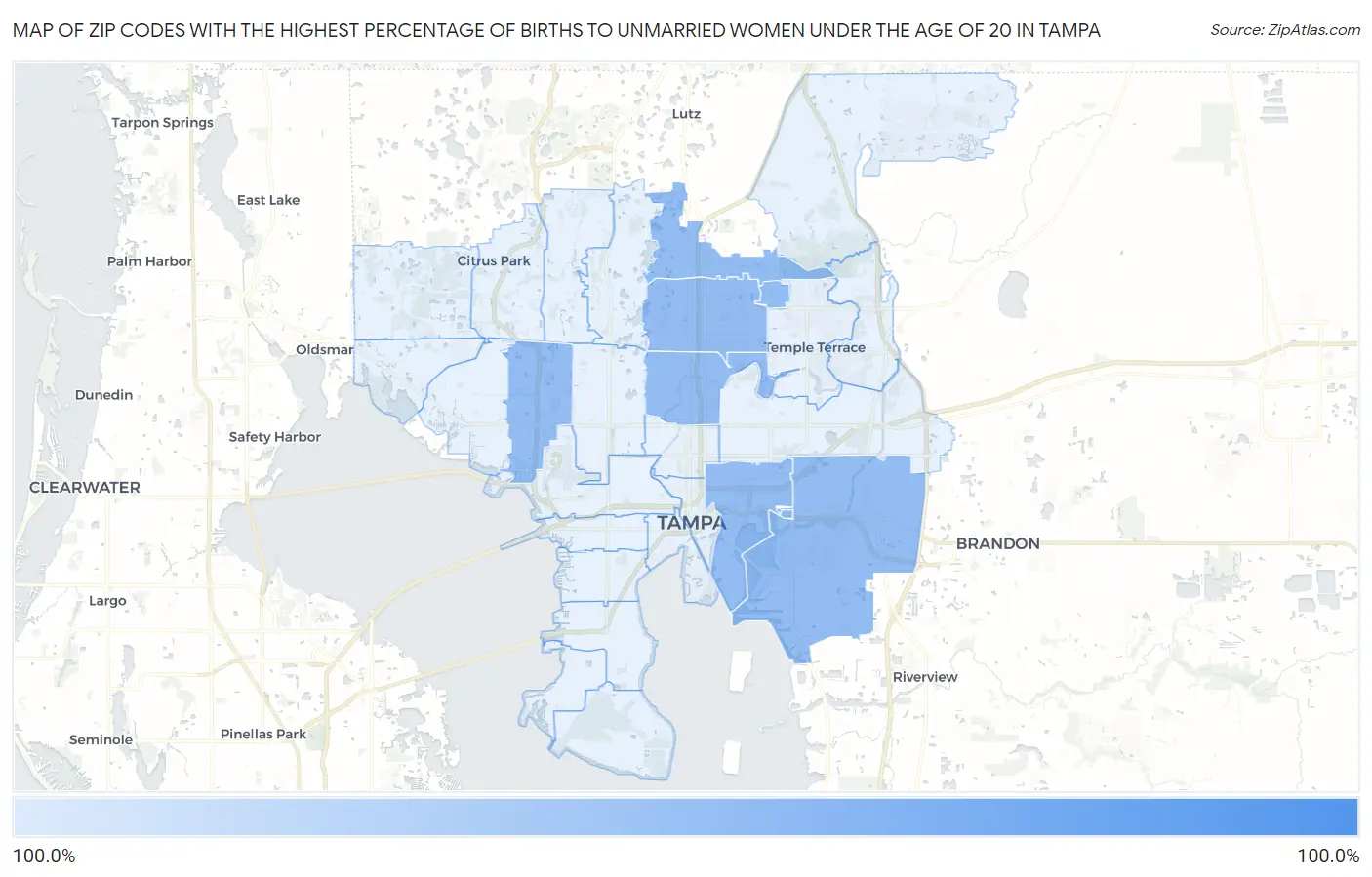 Zip Codes with the Highest Percentage of Births to Unmarried Women under the Age of 20 in Tampa Map