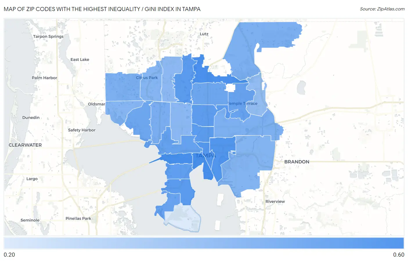 Zip Codes with the Highest Inequality / Gini Index in Tampa Map