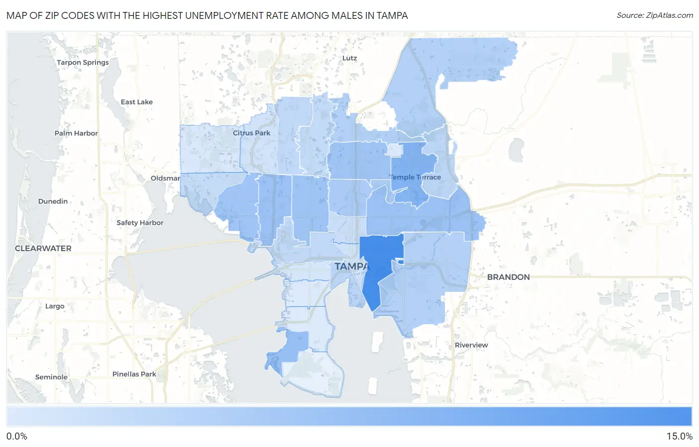 Zip Codes with the Highest Unemployment Rate Among Males in Tampa Map