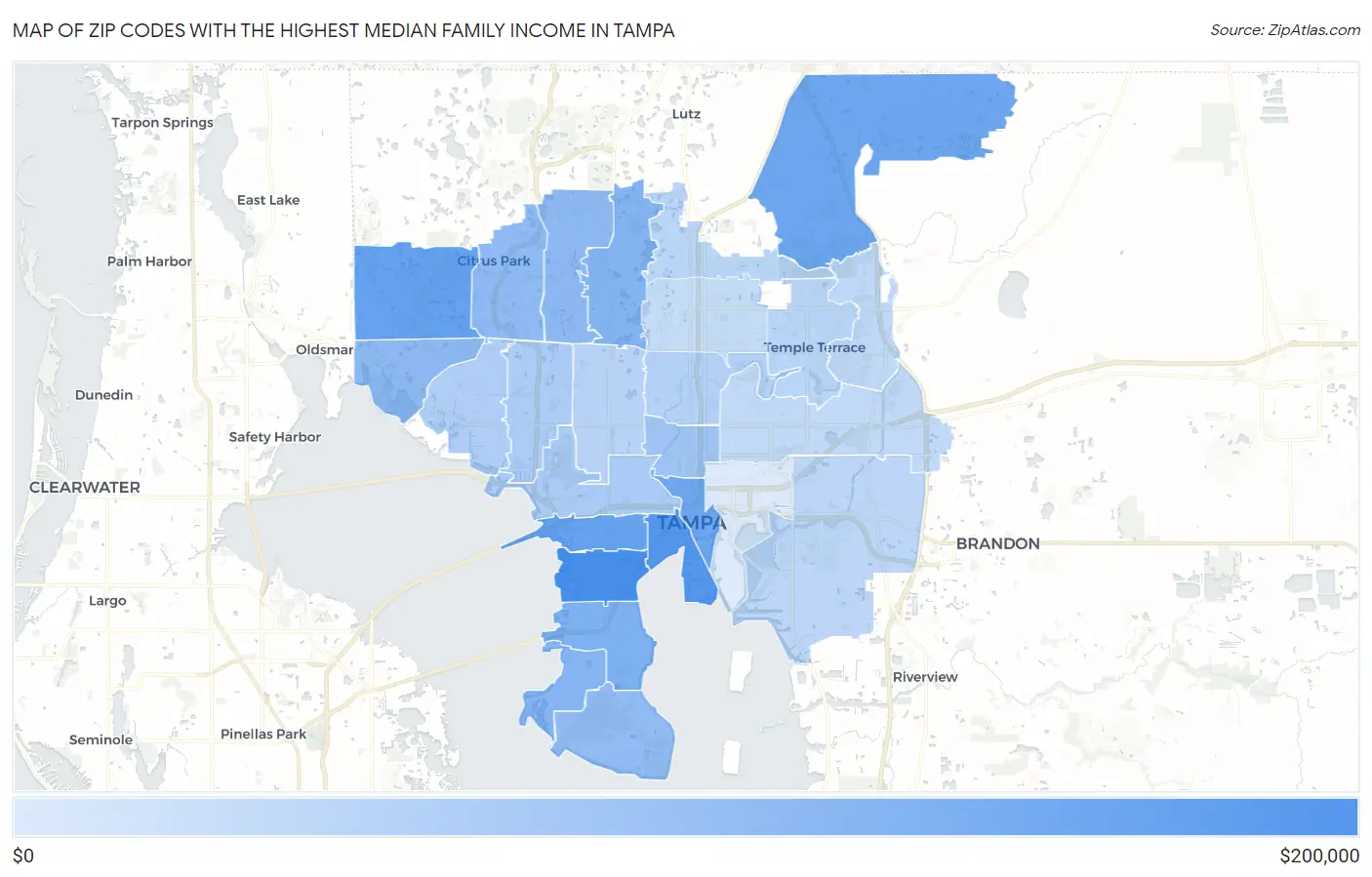 Zip Codes with the Highest Median Family Income in Tampa Map