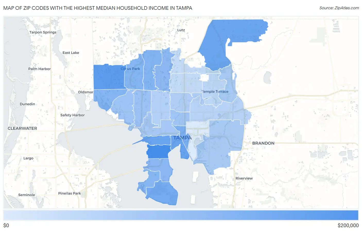 Zip Codes with the Highest Median Household Income in Tampa Map