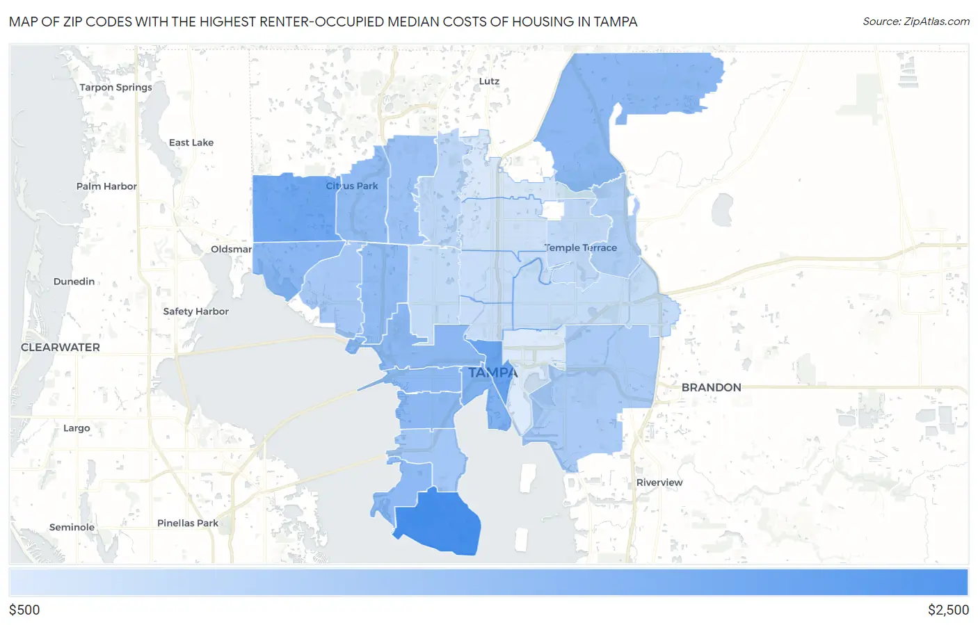 Zip Codes with the Highest Renter-Occupied Median Costs of Housing in Tampa Map