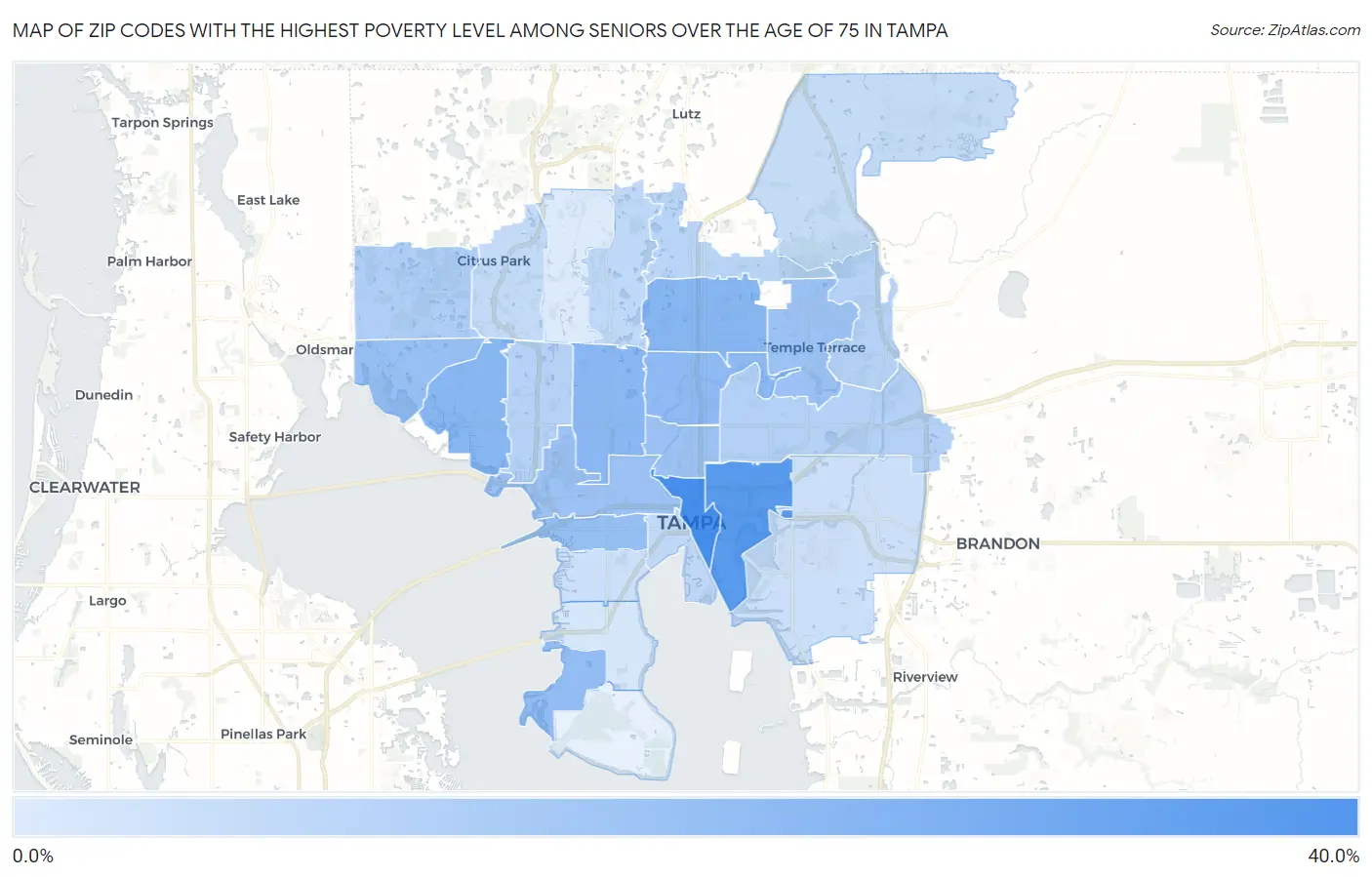 Zip Codes with the Highest Poverty Level Among Seniors Over the Age of 75 in Tampa Map