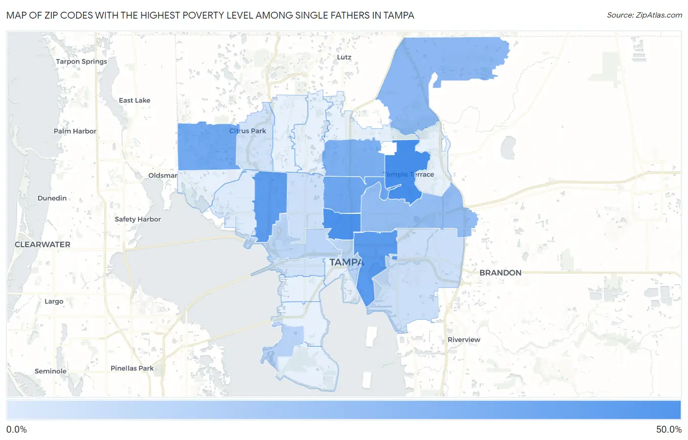 Zip Codes with the Highest Poverty Level Among Single Fathers in Tampa Map