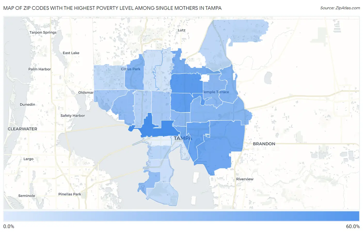 Zip Codes with the Highest Poverty Level Among Single Mothers in Tampa Map