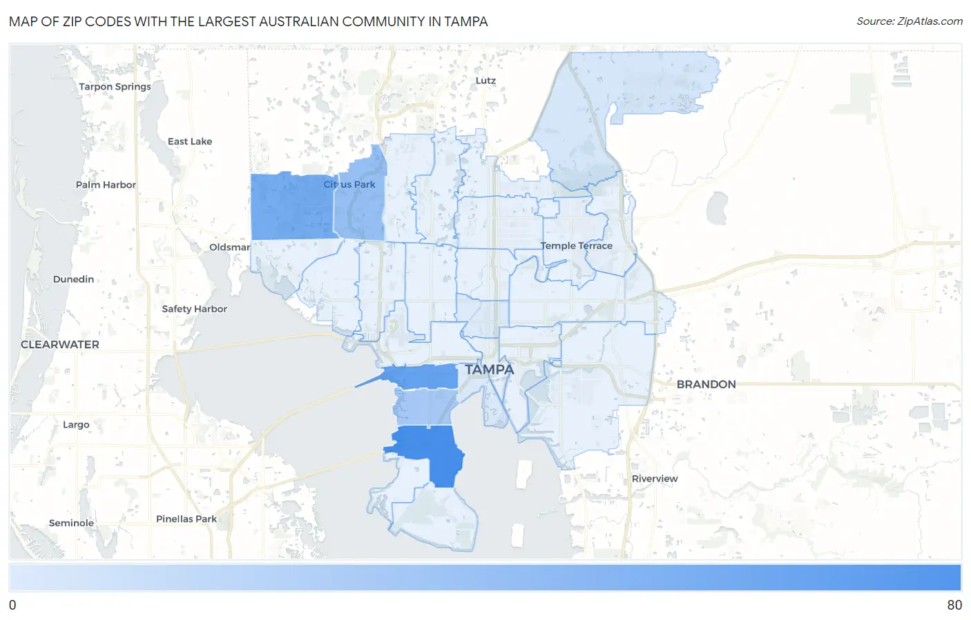 Zip Codes with the Largest Australian Community in Tampa Map