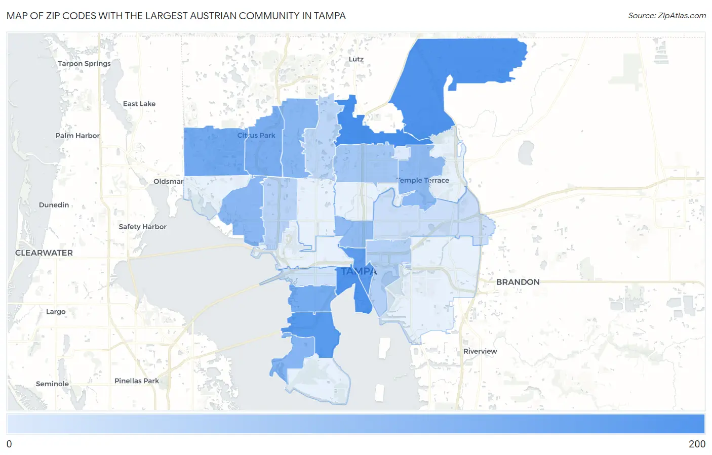 Zip Codes with the Largest Austrian Community in Tampa Map