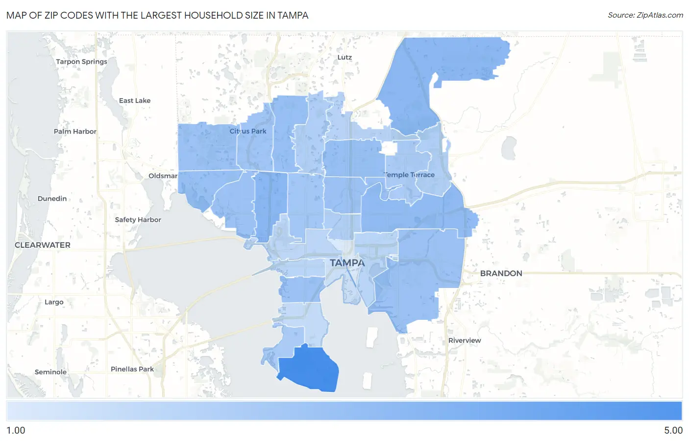 Zip Codes with the Largest Household Size in Tampa Map