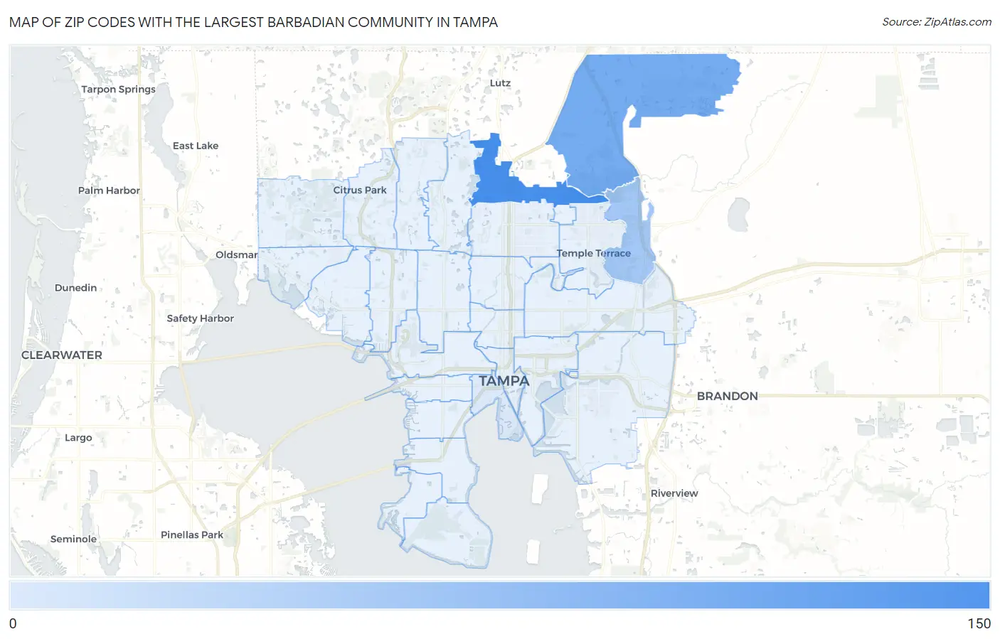 Zip Codes with the Largest Barbadian Community in Tampa Map
