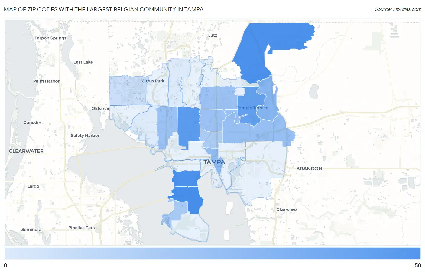 Zip Codes with the Largest Belgian Community in Tampa Map