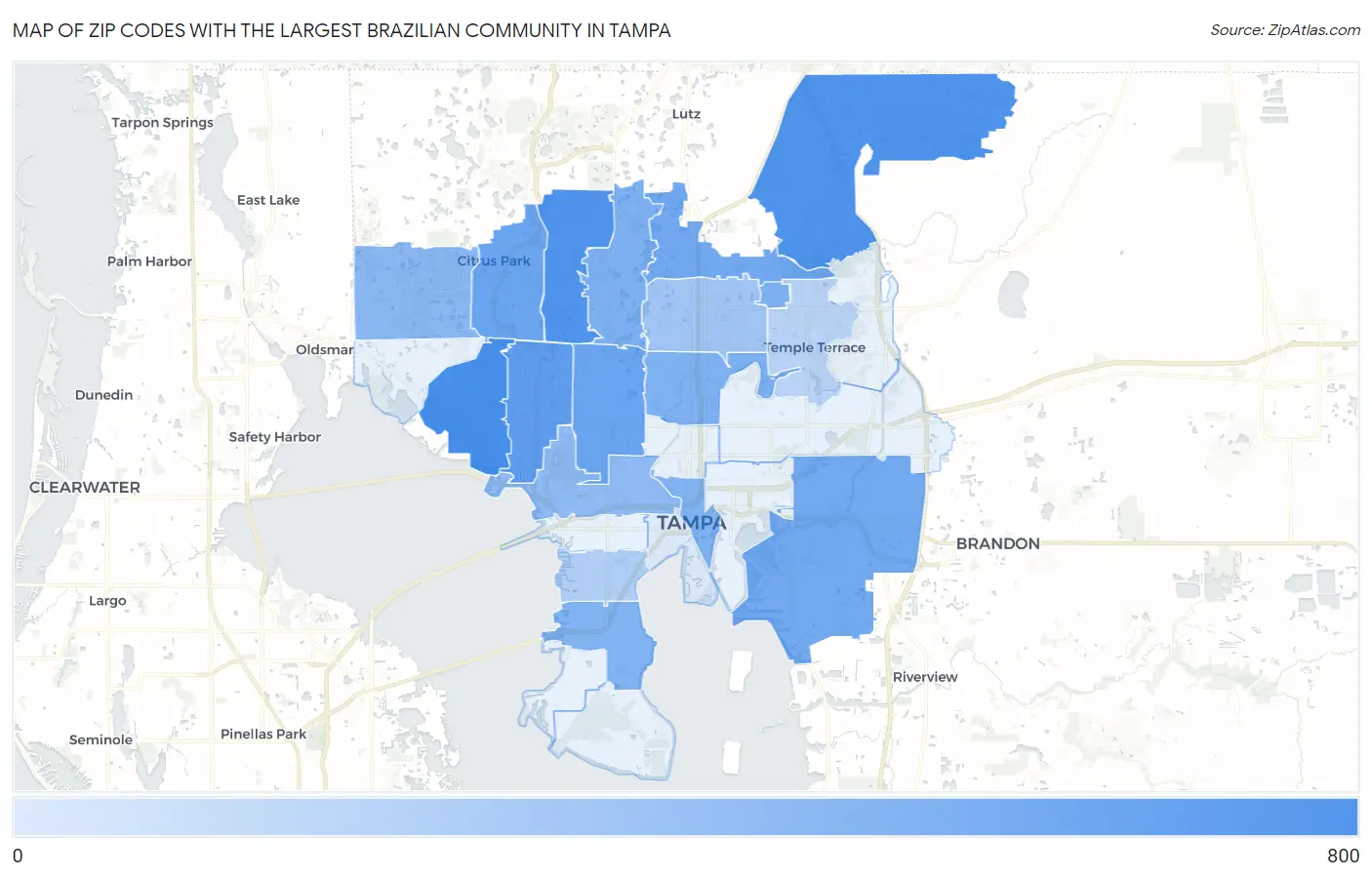 Zip Codes with the Largest Brazilian Community in Tampa Map