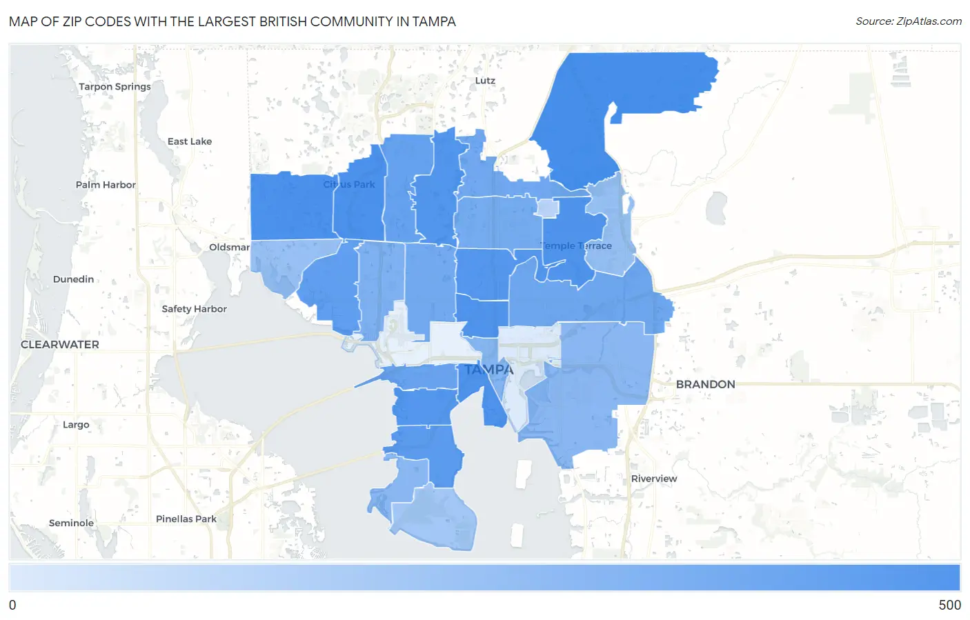 Zip Codes with the Largest British Community in Tampa Map