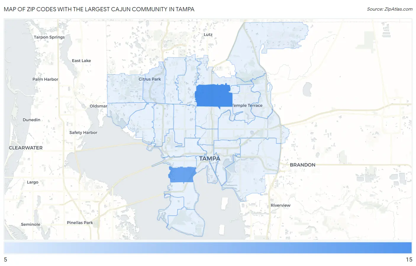 Zip Codes with the Largest Cajun Community in Tampa Map