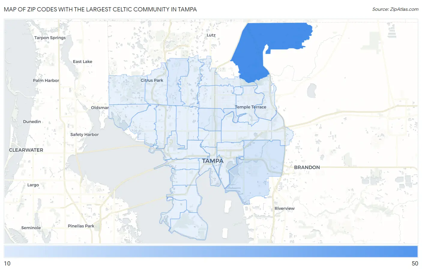Zip Codes with the Largest Celtic Community in Tampa Map