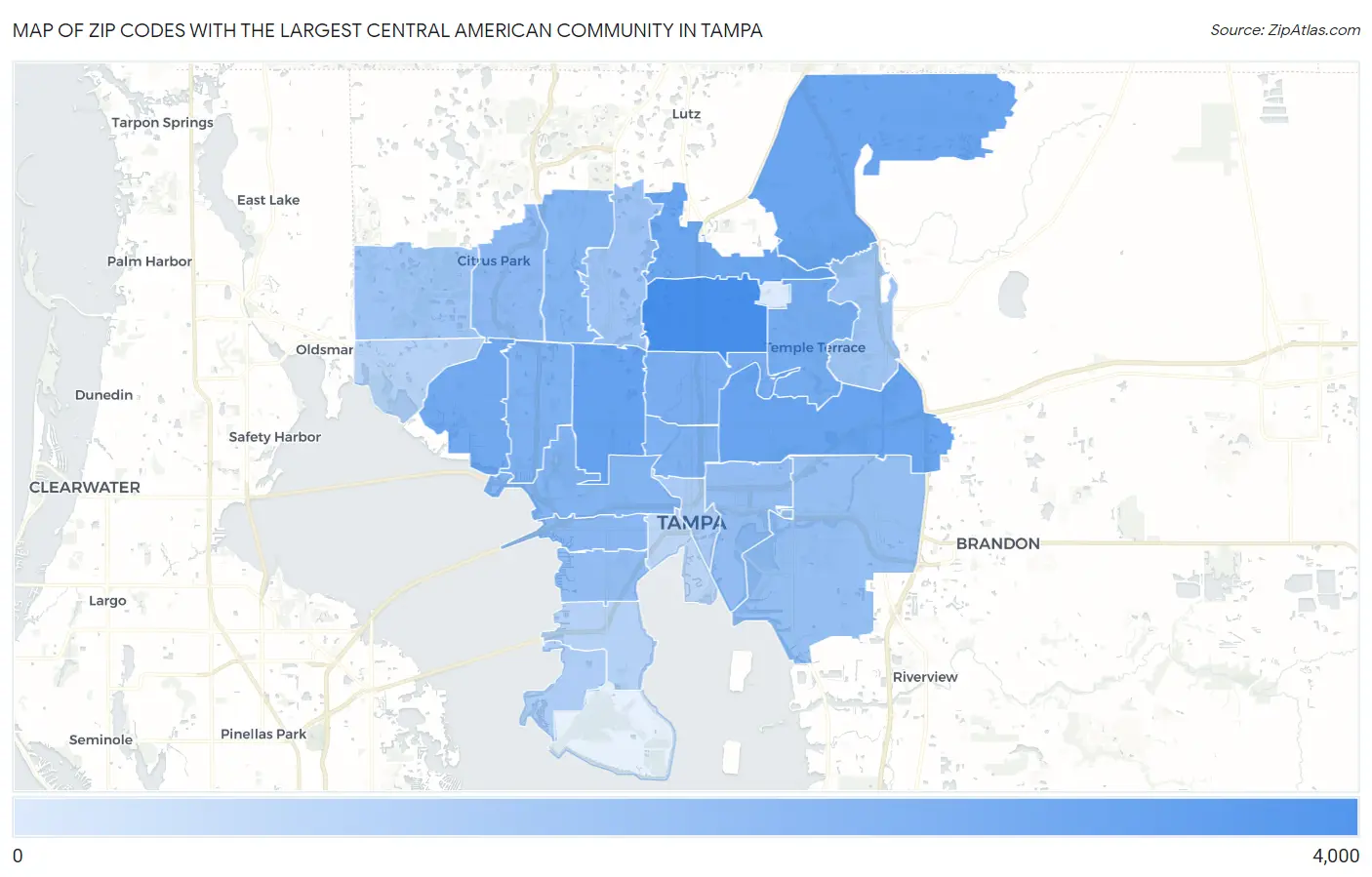 Zip Codes with the Largest Central American Community in Tampa Map