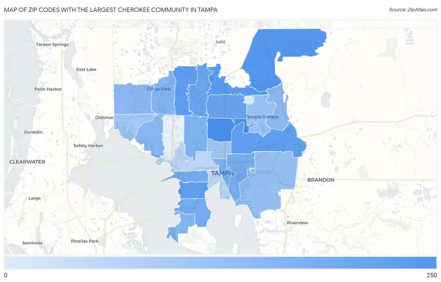 Zip Codes with the Largest Cherokee Community in Tampa Map
