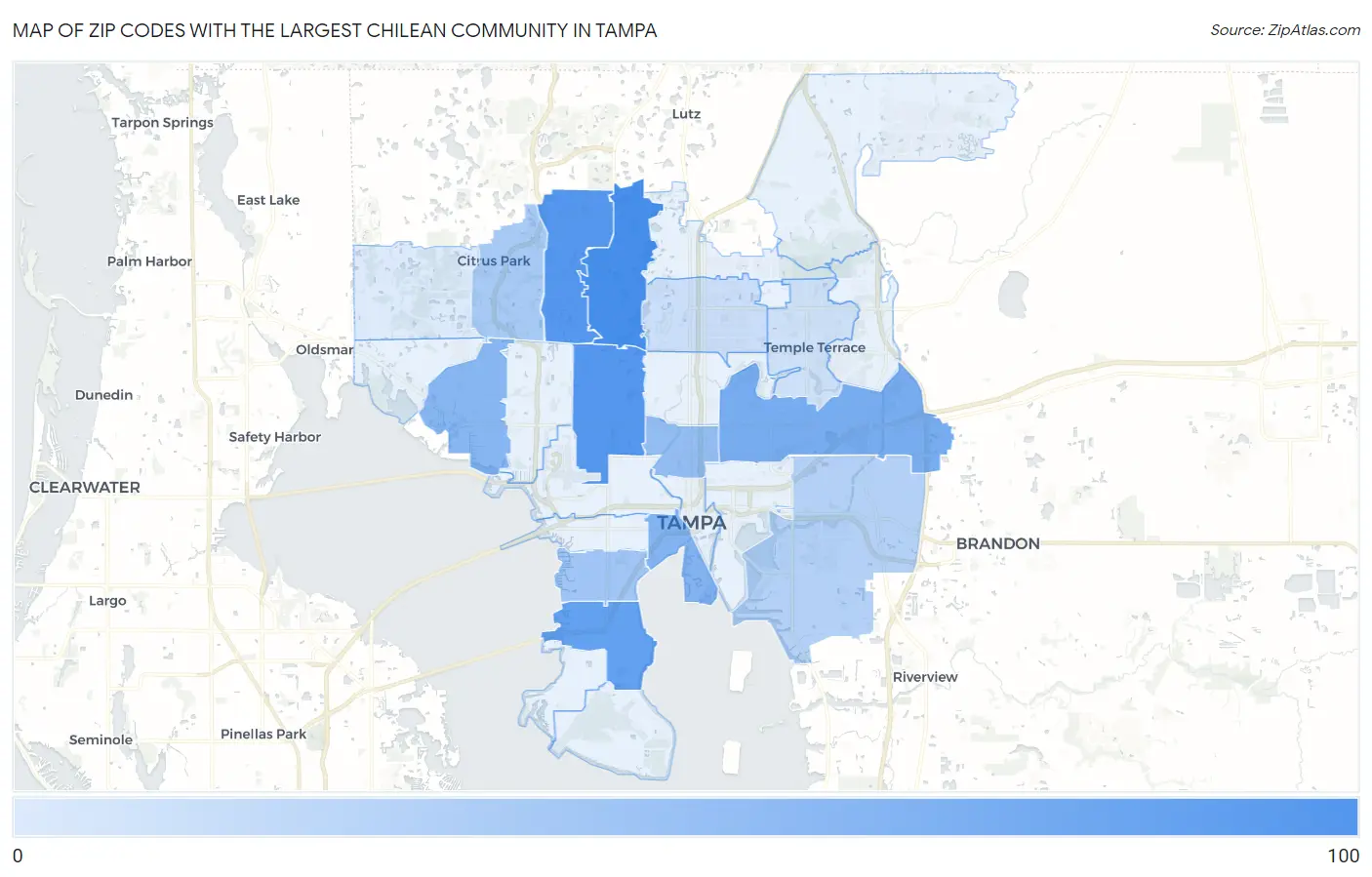 Zip Codes with the Largest Chilean Community in Tampa Map