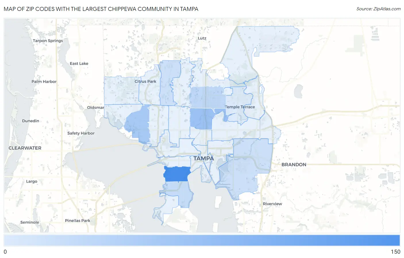 Zip Codes with the Largest Chippewa Community in Tampa Map