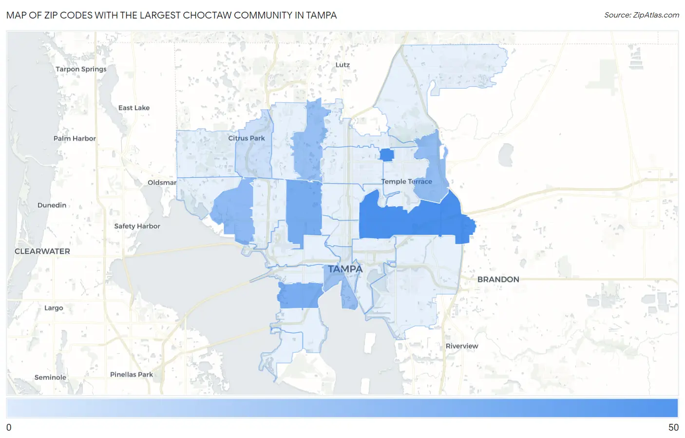 Zip Codes with the Largest Choctaw Community in Tampa Map