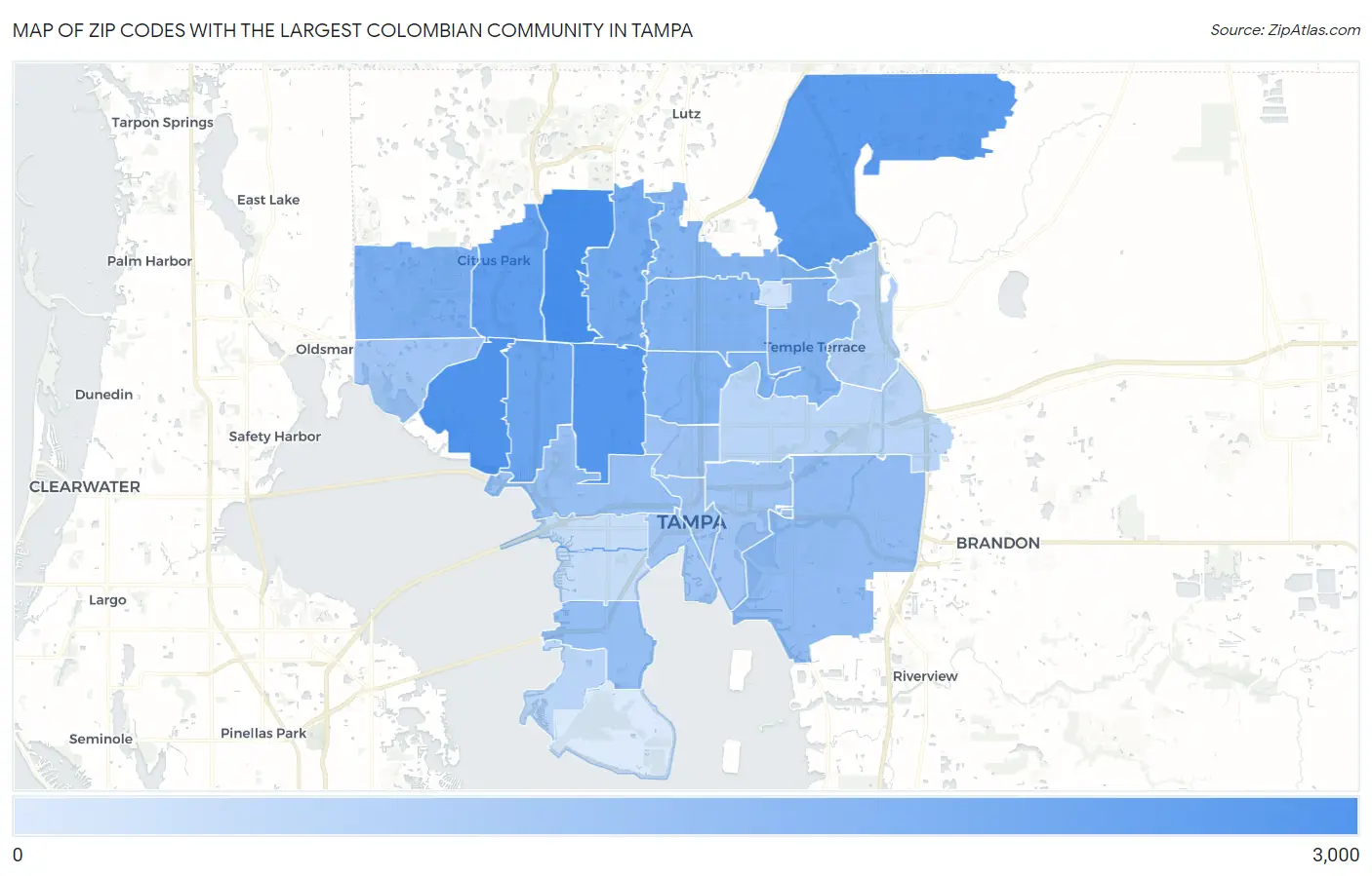 Zip Codes with the Largest Colombian Community in Tampa Map