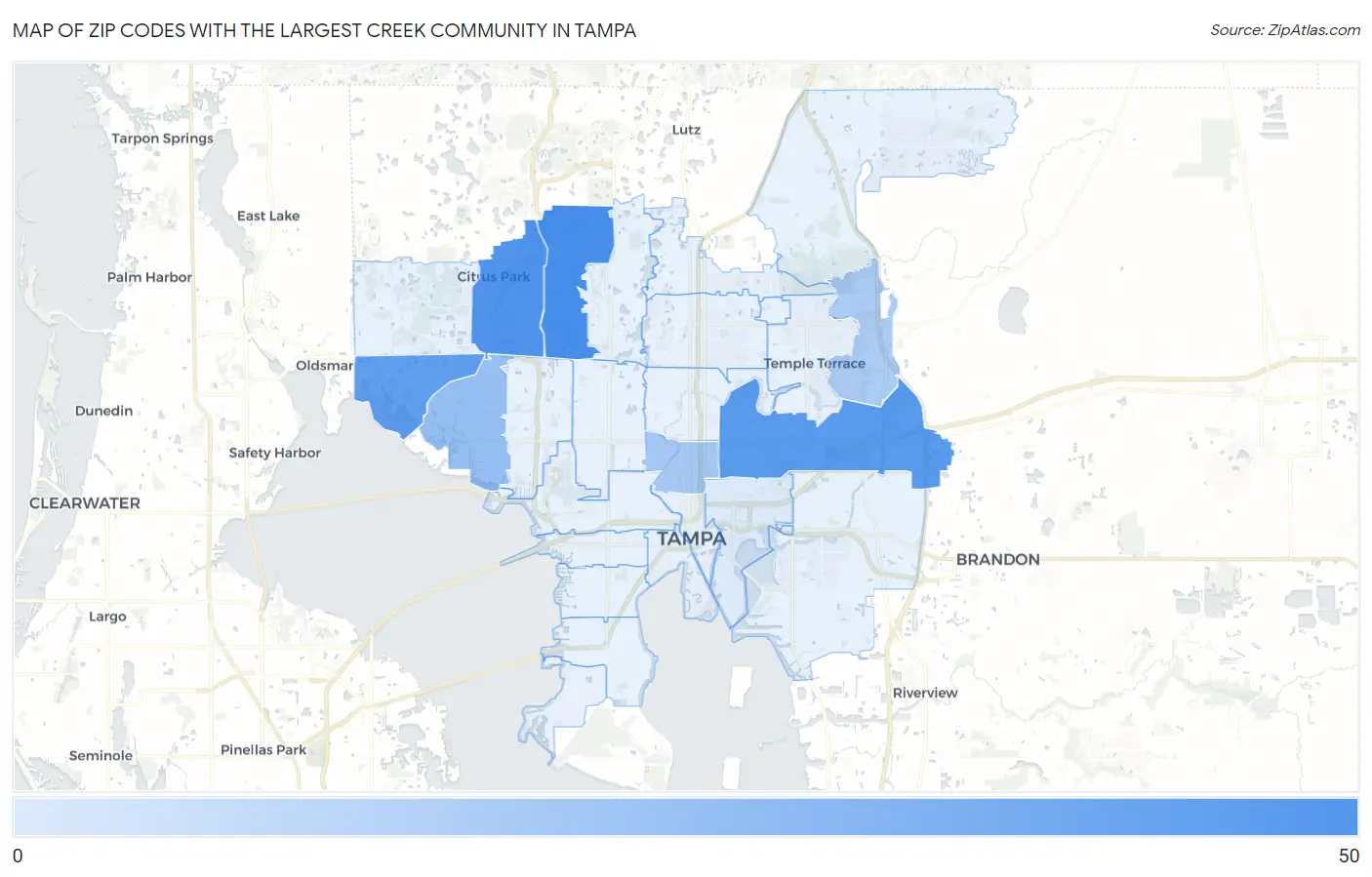 Zip Codes with the Largest Creek Community in Tampa Map