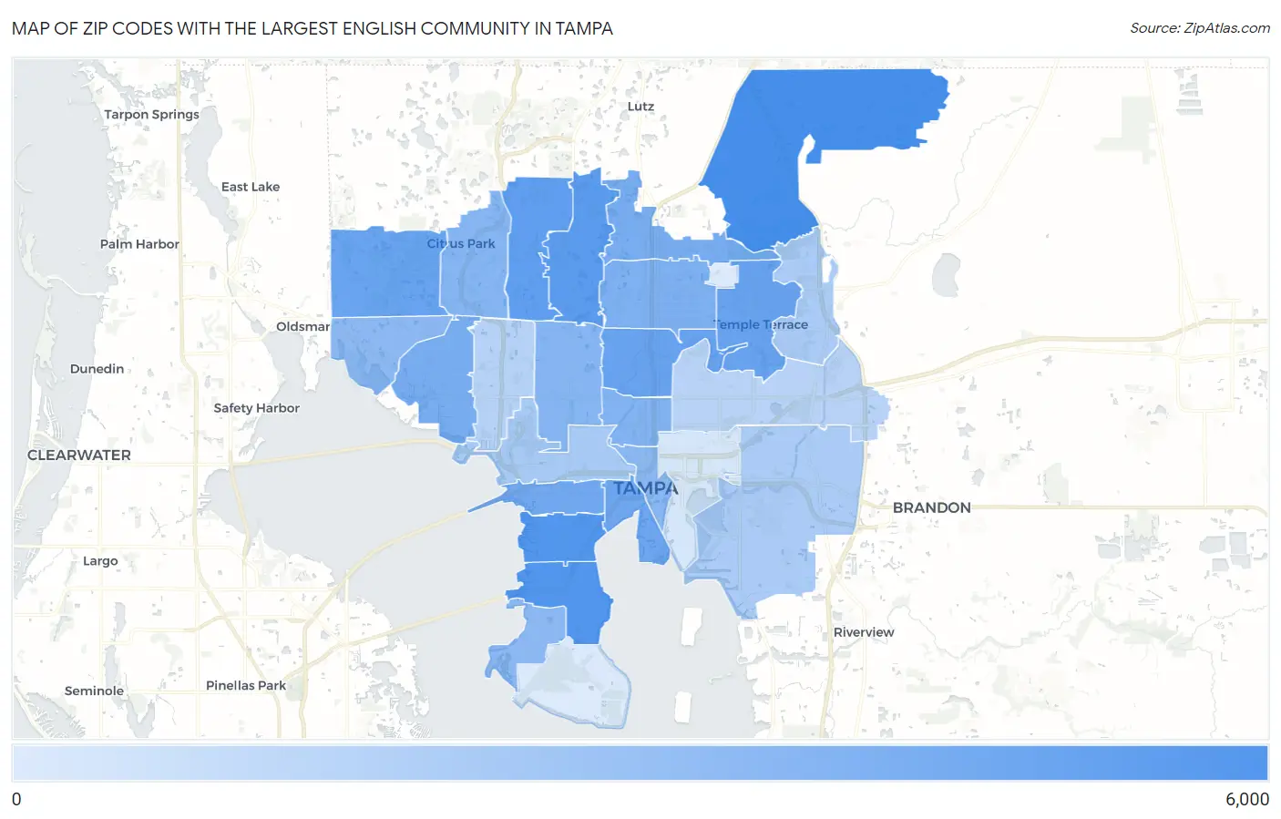 Zip Codes with the Largest English Community in Tampa Map