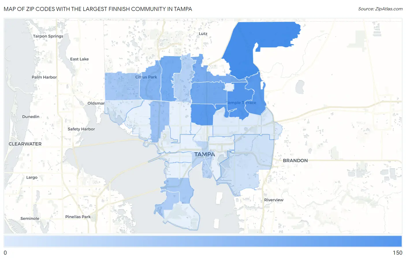Zip Codes with the Largest Finnish Community in Tampa Map