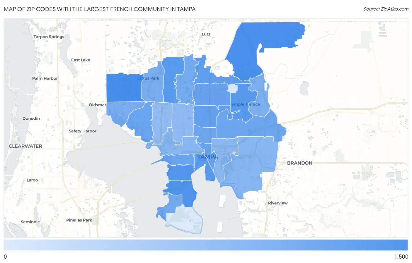 Zip Codes with the Largest French Community in Tampa Map