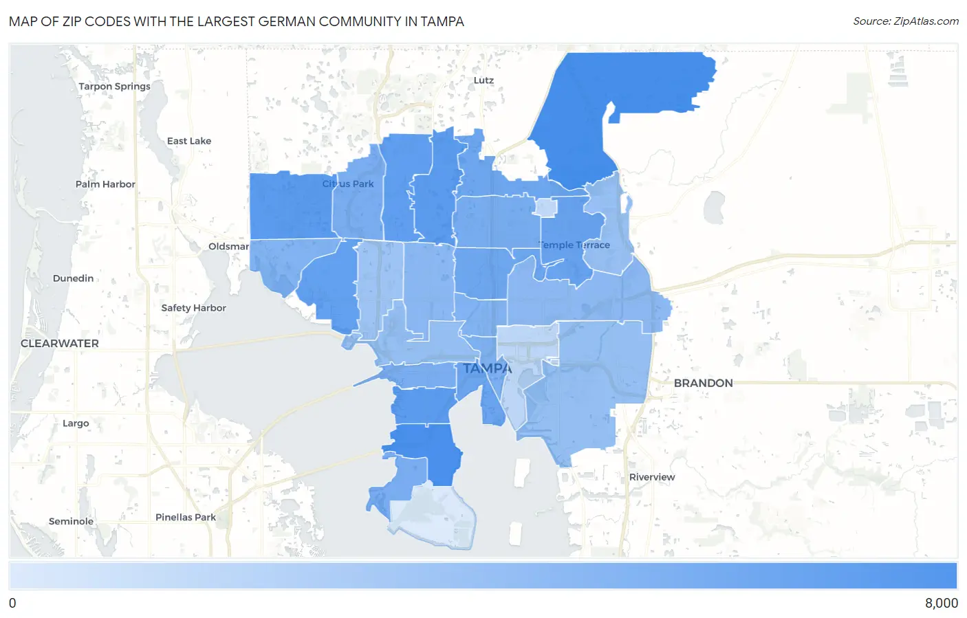 Zip Codes with the Largest German Community in Tampa Map