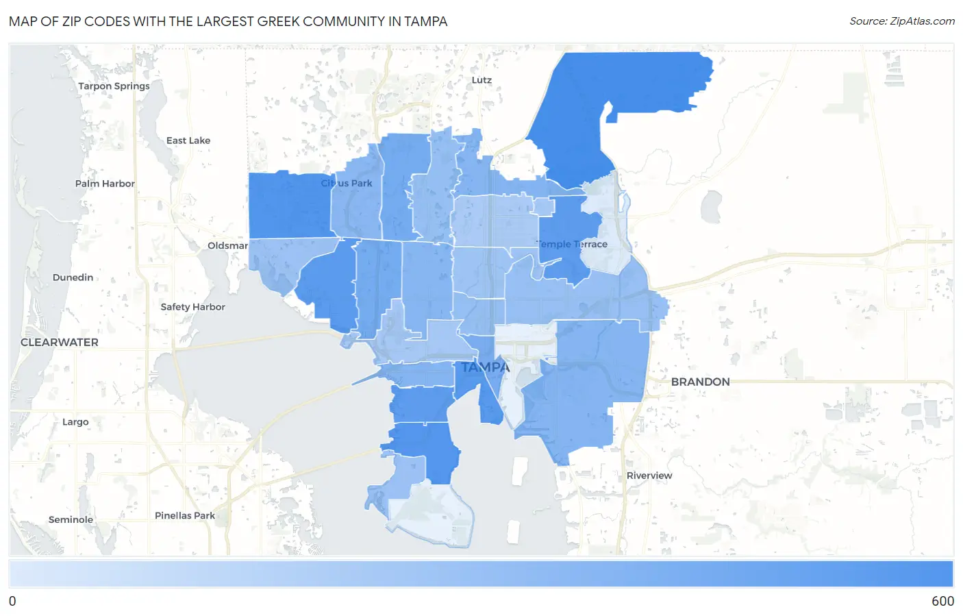 Zip Codes with the Largest Greek Community in Tampa Map