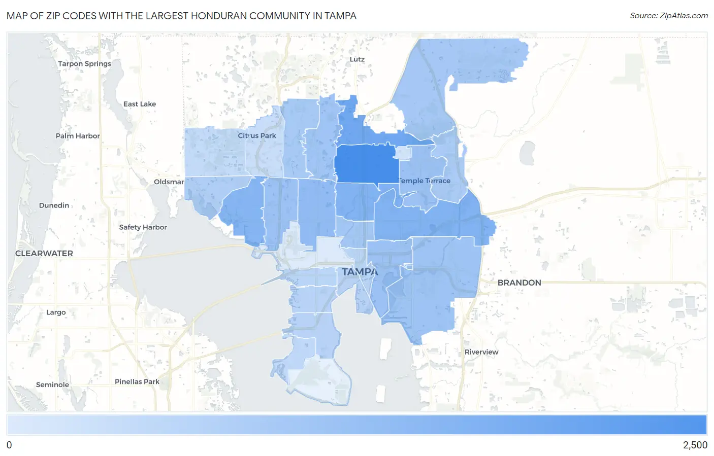 Zip Codes with the Largest Honduran Community in Tampa Map