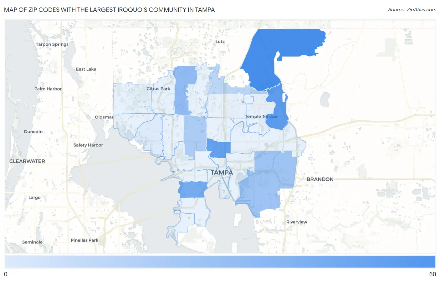 Zip Codes with the Largest Iroquois Community in Tampa Map