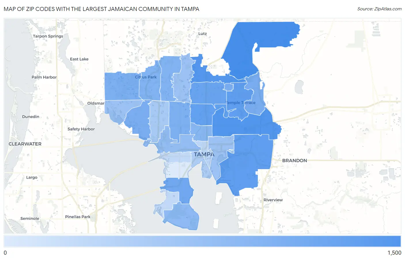 Zip Codes with the Largest Jamaican Community in Tampa Map