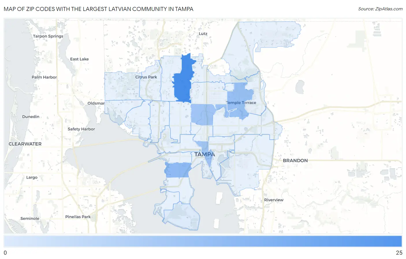 Zip Codes with the Largest Latvian Community in Tampa Map