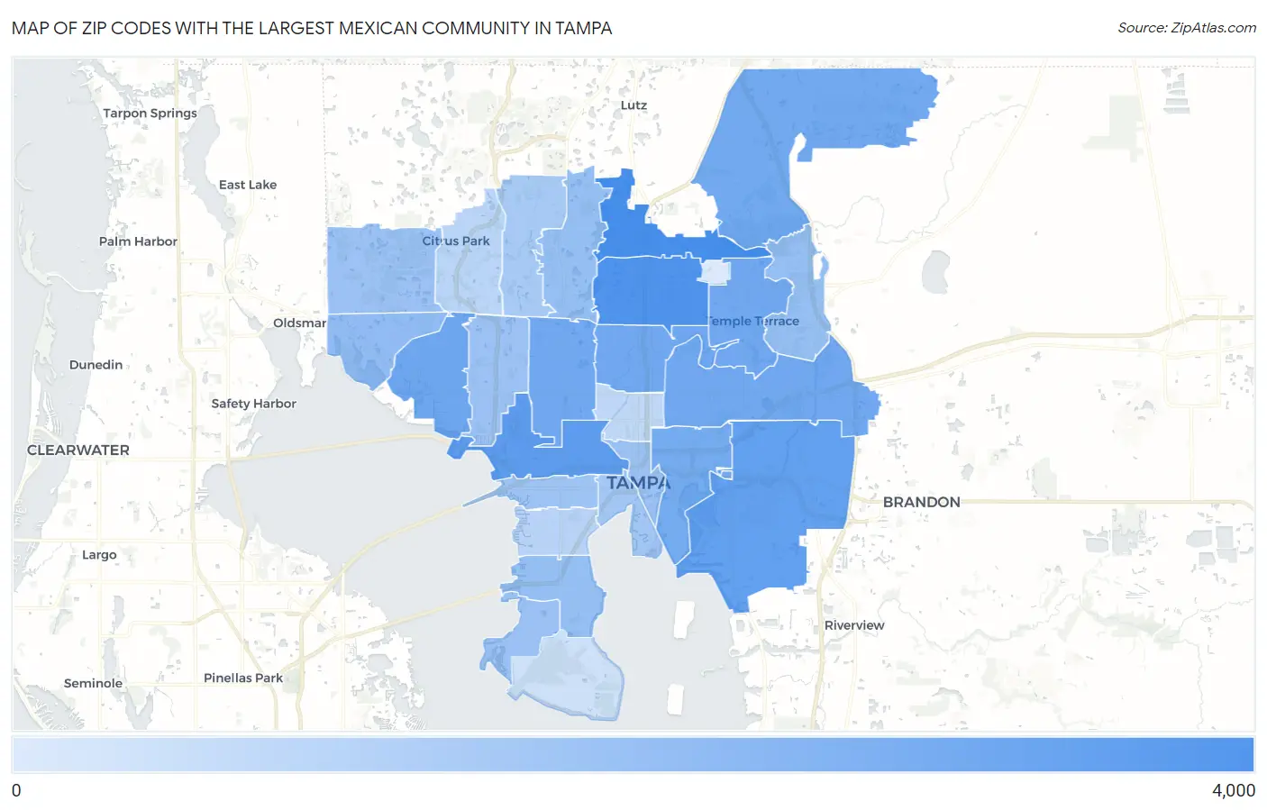Zip Codes with the Largest Mexican Community in Tampa Map