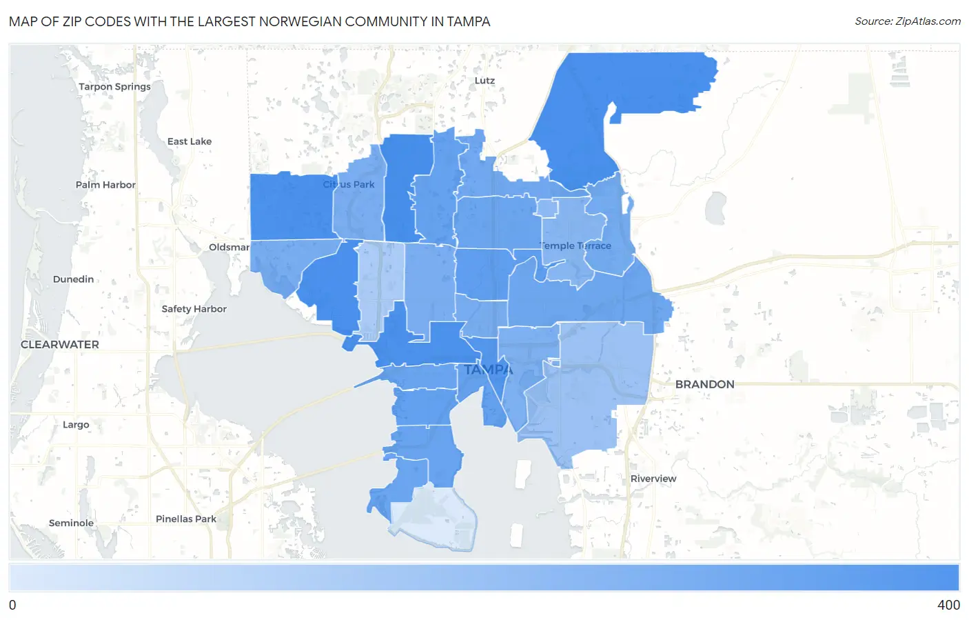 Zip Codes with the Largest Norwegian Community in Tampa Map