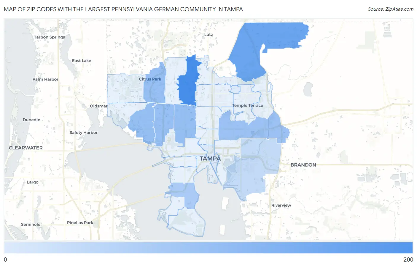 Zip Codes with the Largest Pennsylvania German Community in Tampa Map