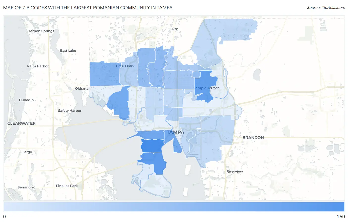 Zip Codes with the Largest Romanian Community in Tampa Map