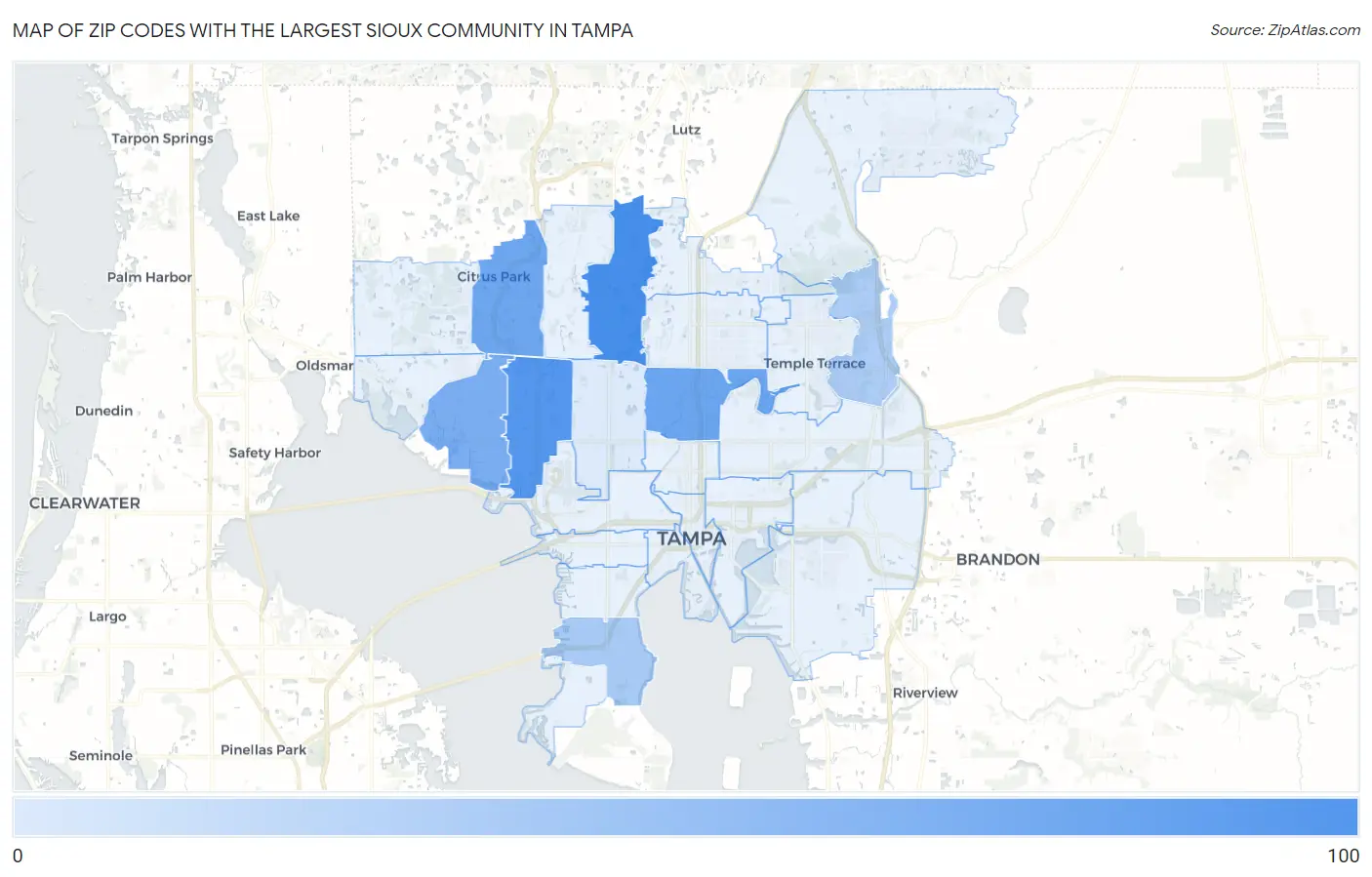 Zip Codes with the Largest Sioux Community in Tampa Map