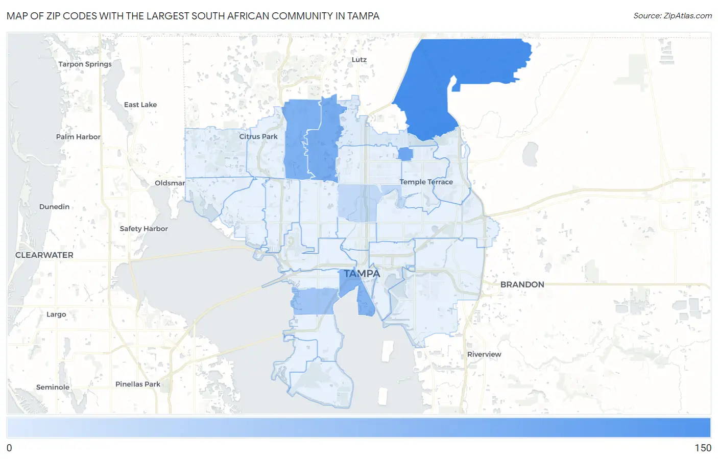 Zip Codes with the Largest South African Community in Tampa Map