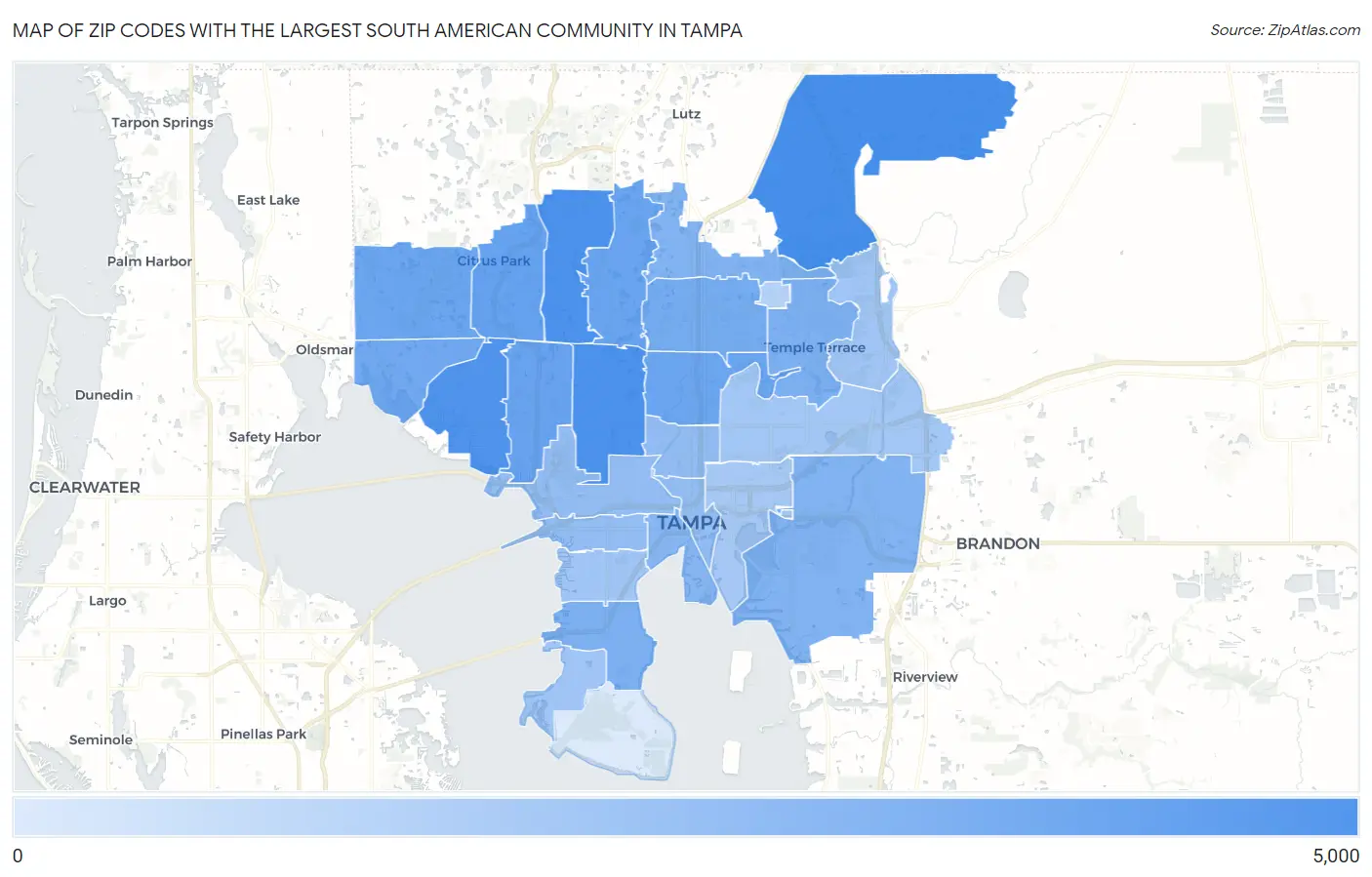 Zip Codes with the Largest South American Community in Tampa Map
