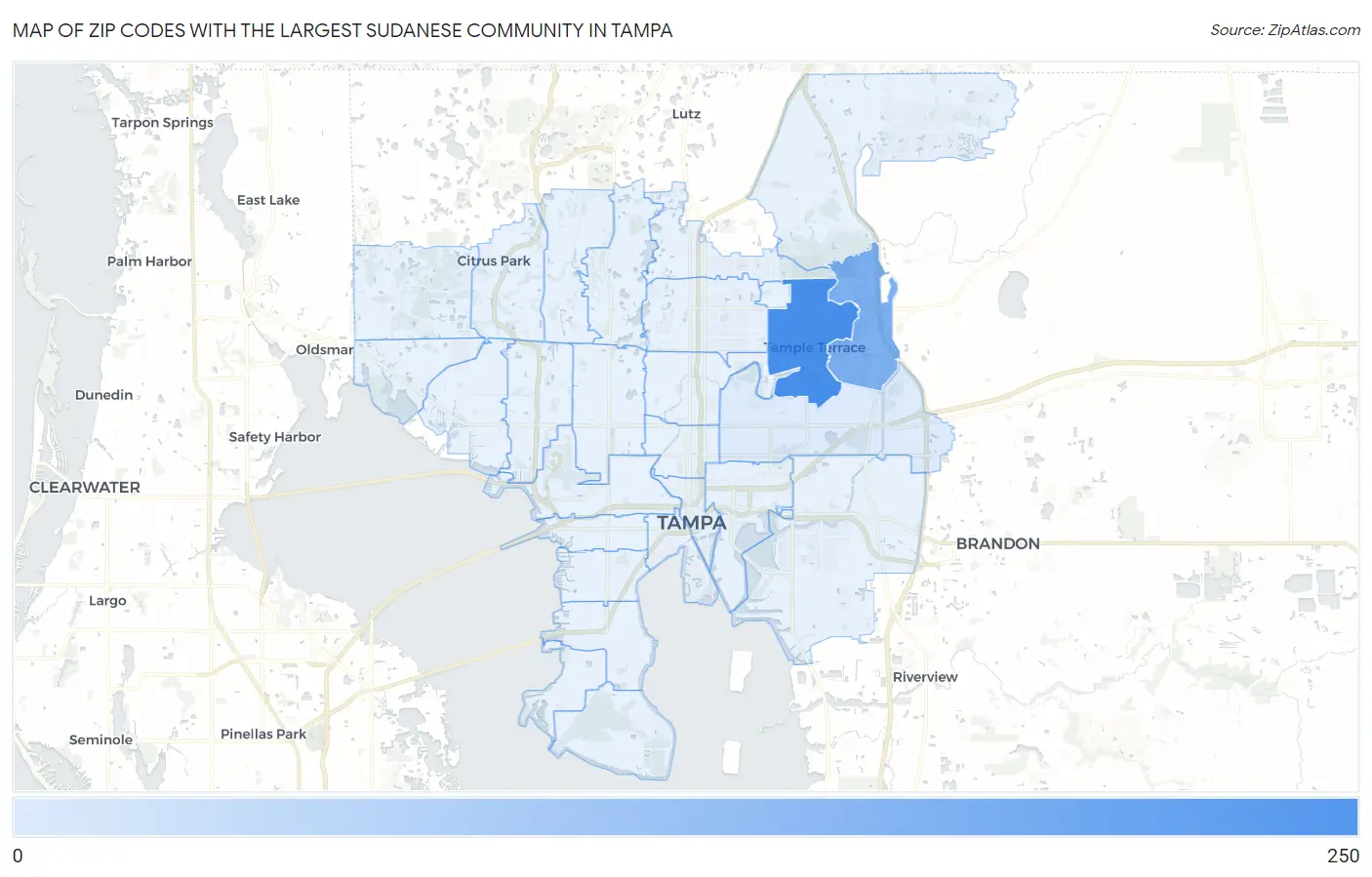 Zip Codes with the Largest Sudanese Community in Tampa Map