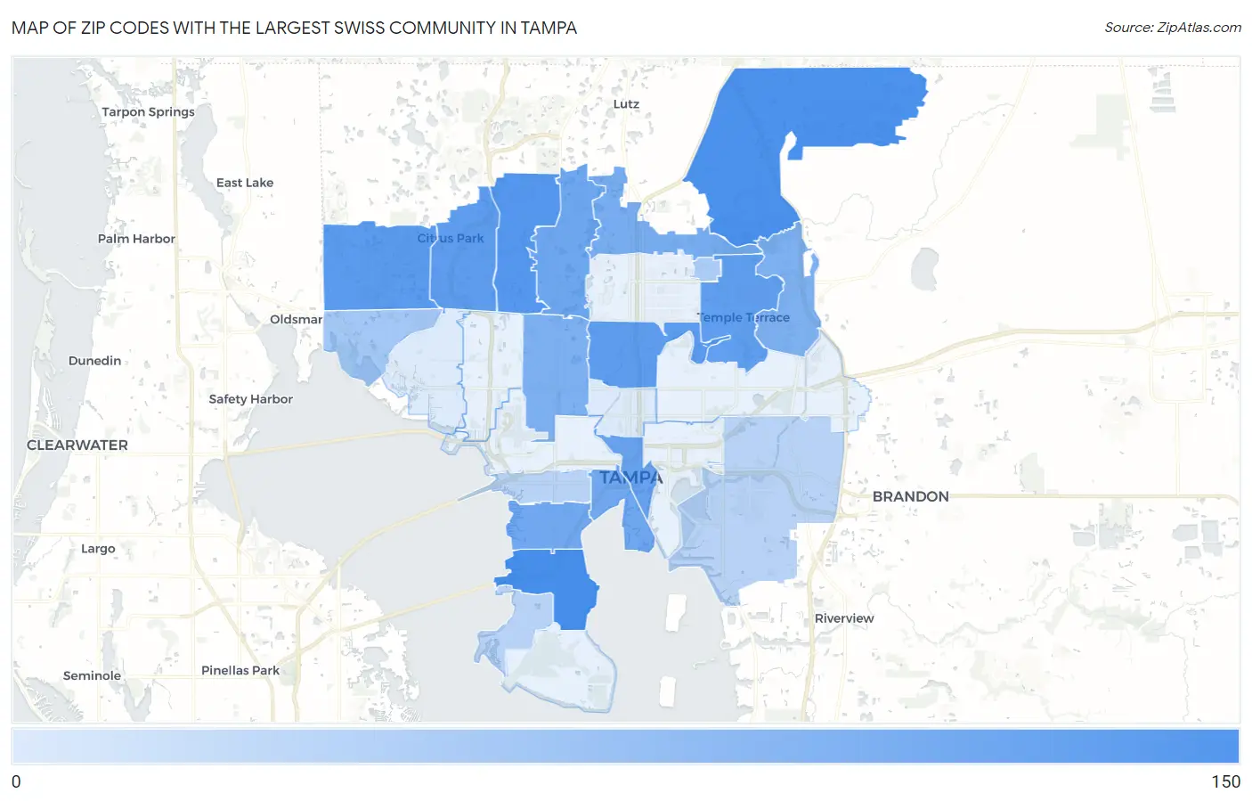 Zip Codes with the Largest Swiss Community in Tampa Map
