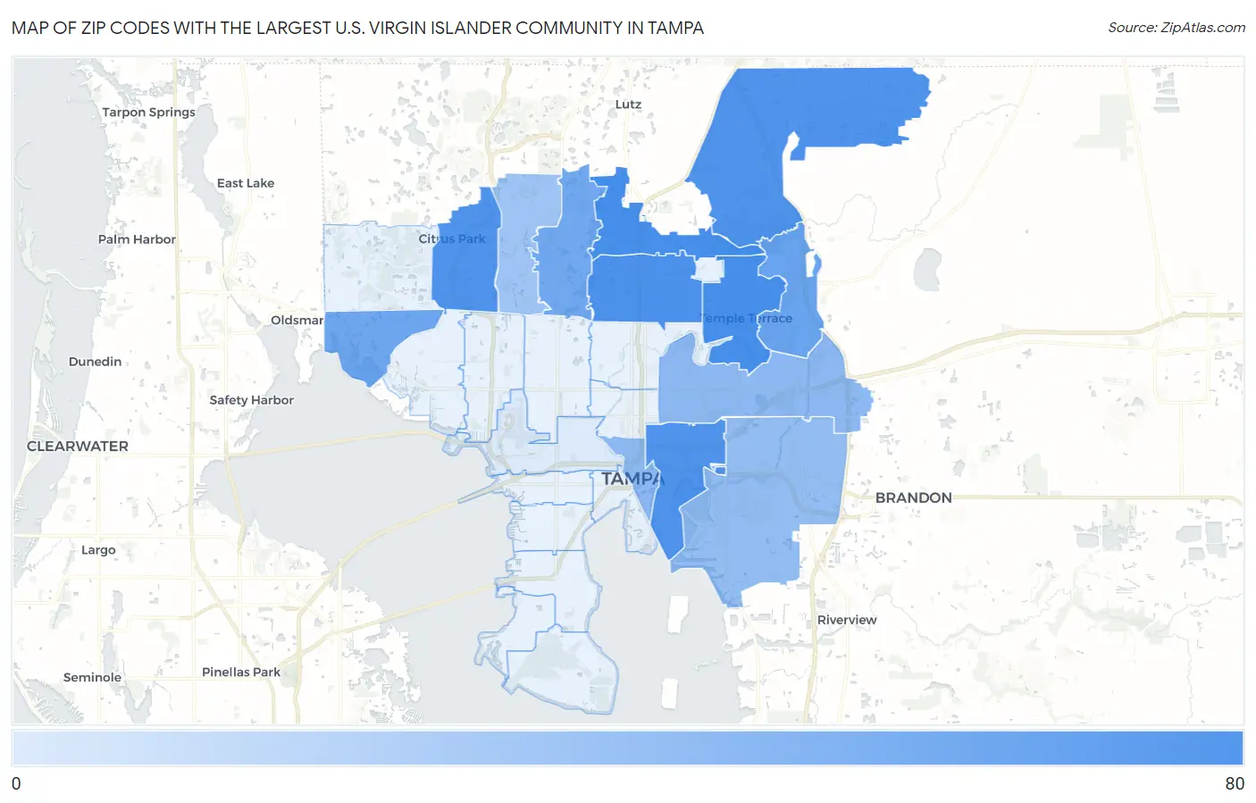 Zip Codes with the Largest U.S. Virgin Islander Community in Tampa Map