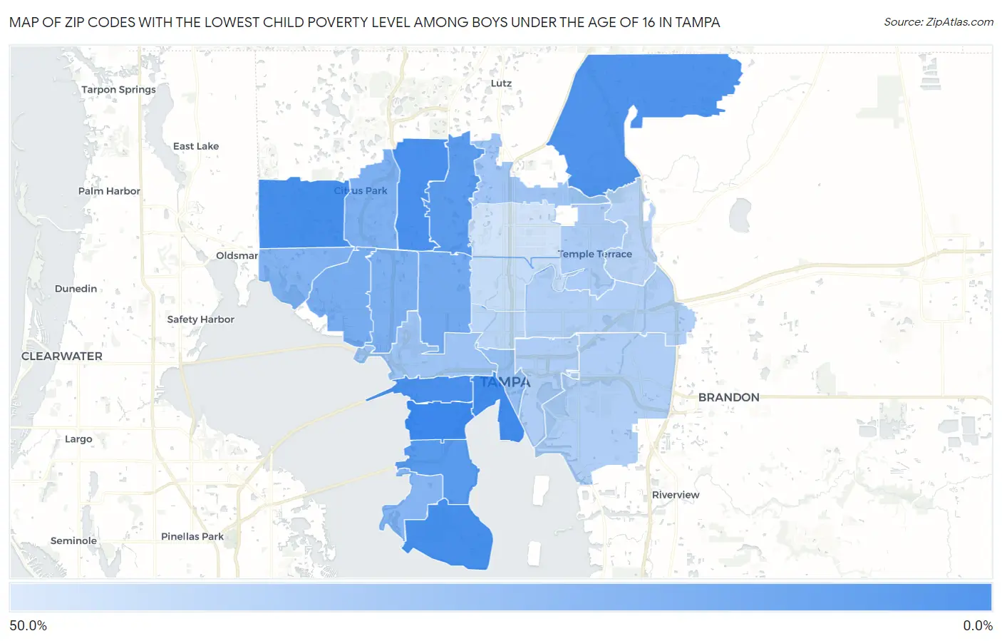 Zip Codes with the Lowest Child Poverty Level Among Boys Under the Age of 16 in Tampa Map