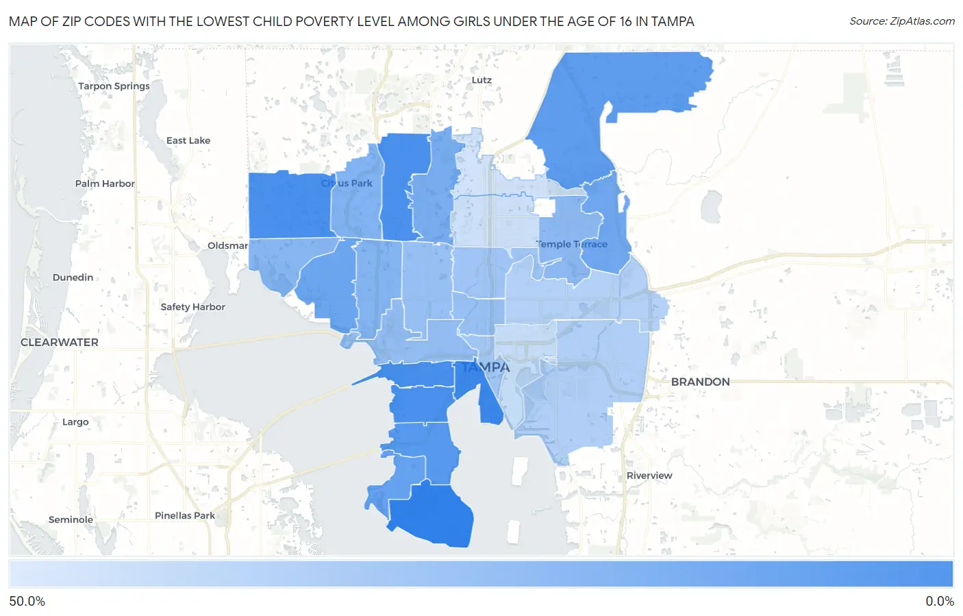 Zip Codes with the Lowest Child Poverty Level Among Girls Under the Age of 16 in Tampa Map